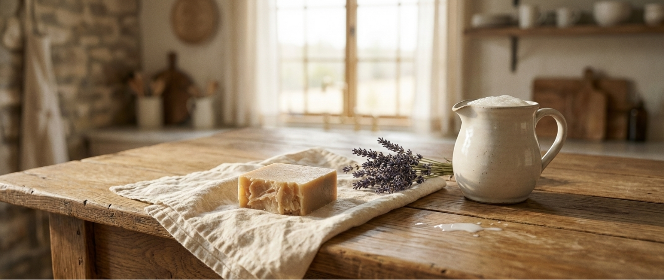 Vintage kitchen scene with a pitcher, soap, and lavender on a wooden table.