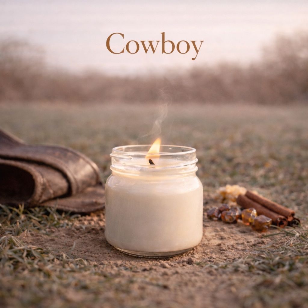 Candle with leather jacket and cinnamon sticks on a field with 'Cowboy' text