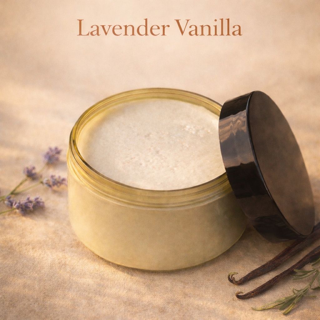Open jar of lavender vanilla product with a black lid, surrounded by lavender flowers and vanilla beans on a beige background.