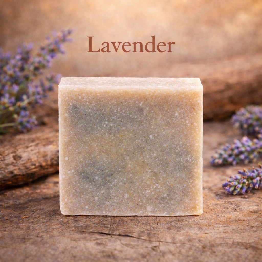 Bar of lavender soap on a wooden surface with lavender flowers.