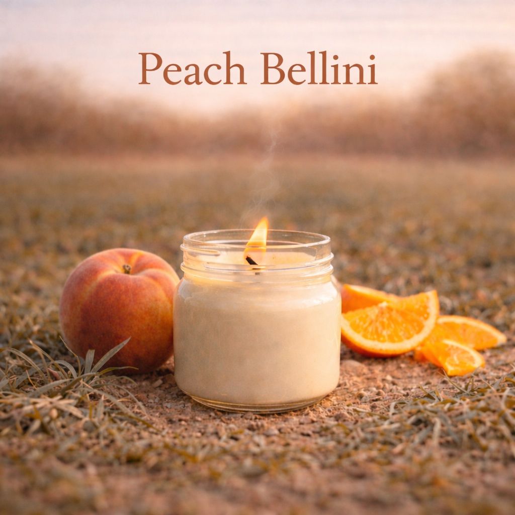 Candle labeled 'Peach Bellini' with a peach and orange slices on a grassy background