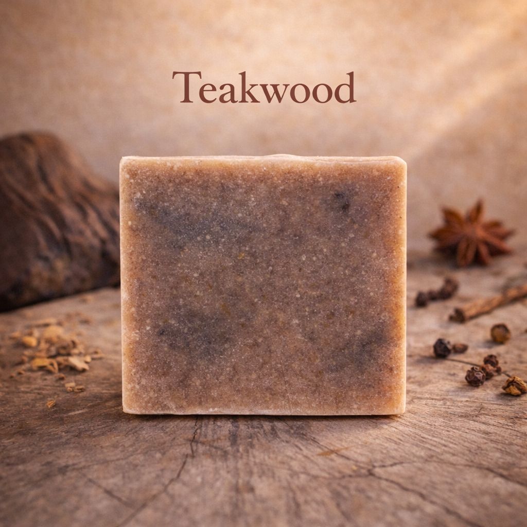 Teakwood soap bar on a wooden surface with star anise and cinnamon sticks.