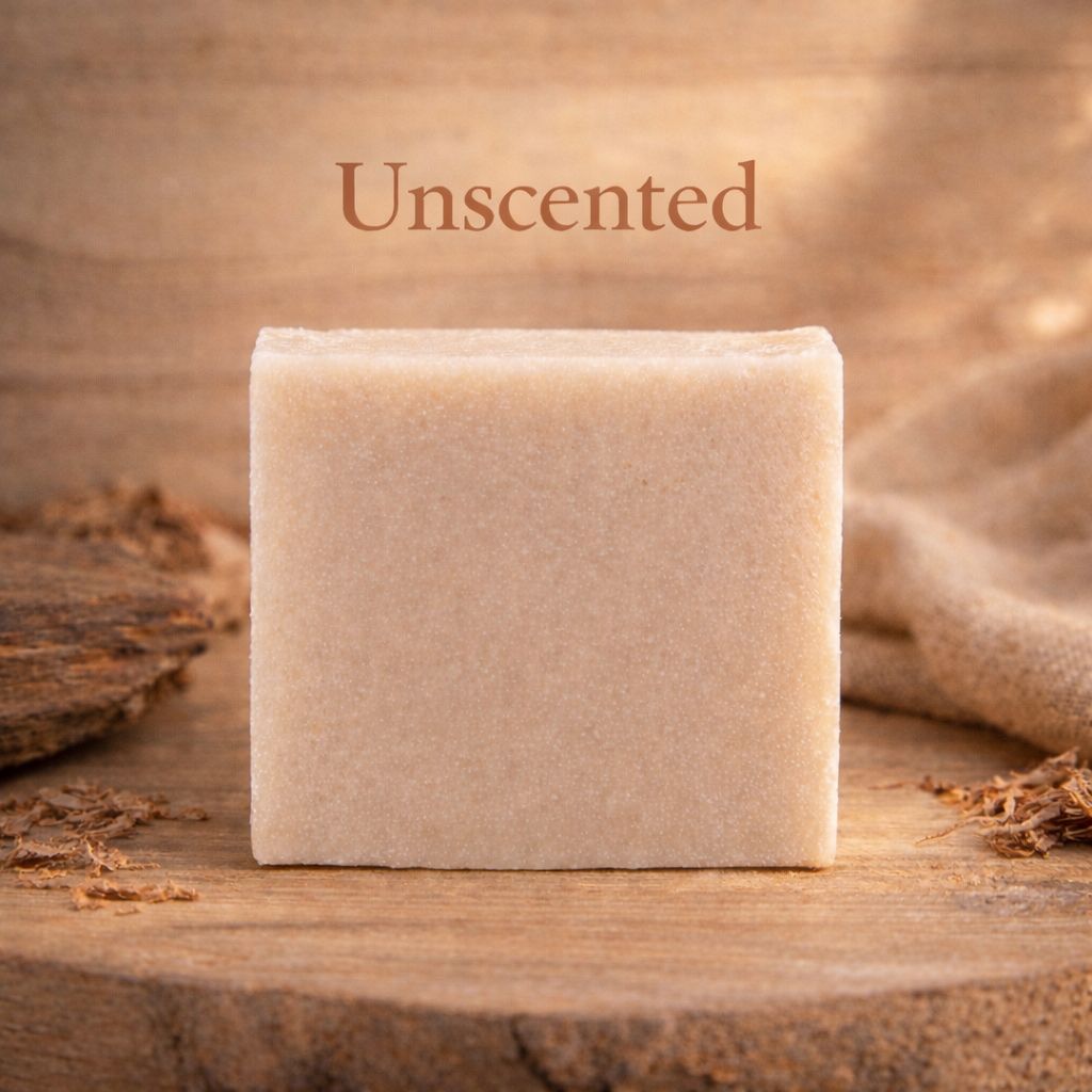 Unscented bar of soap on a wooden surface with a natural background