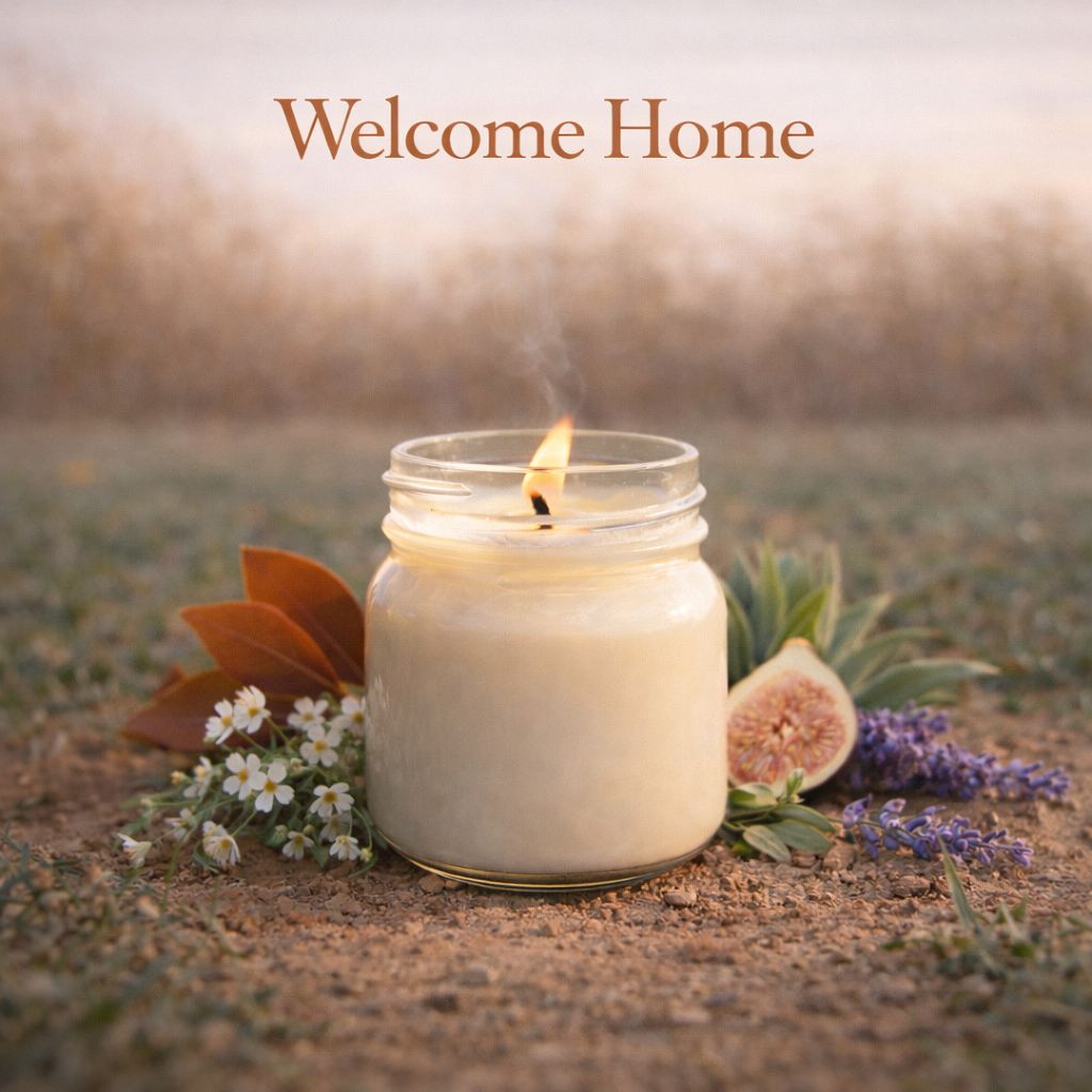 Candle in a jar with flowers and leaves on sand, 'Welcome Home' text above